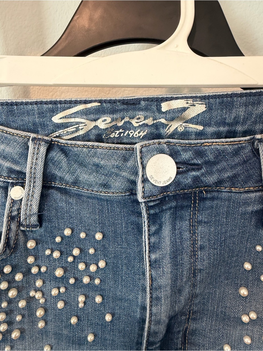 Seven7 Blue Denim High-Rise Jeans with Pearl Studs